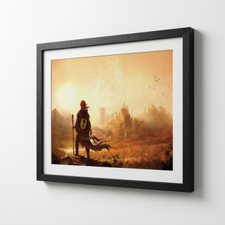 Fantasy Bard Overlooking Golden Kingdom - Wooden Framed Canvas